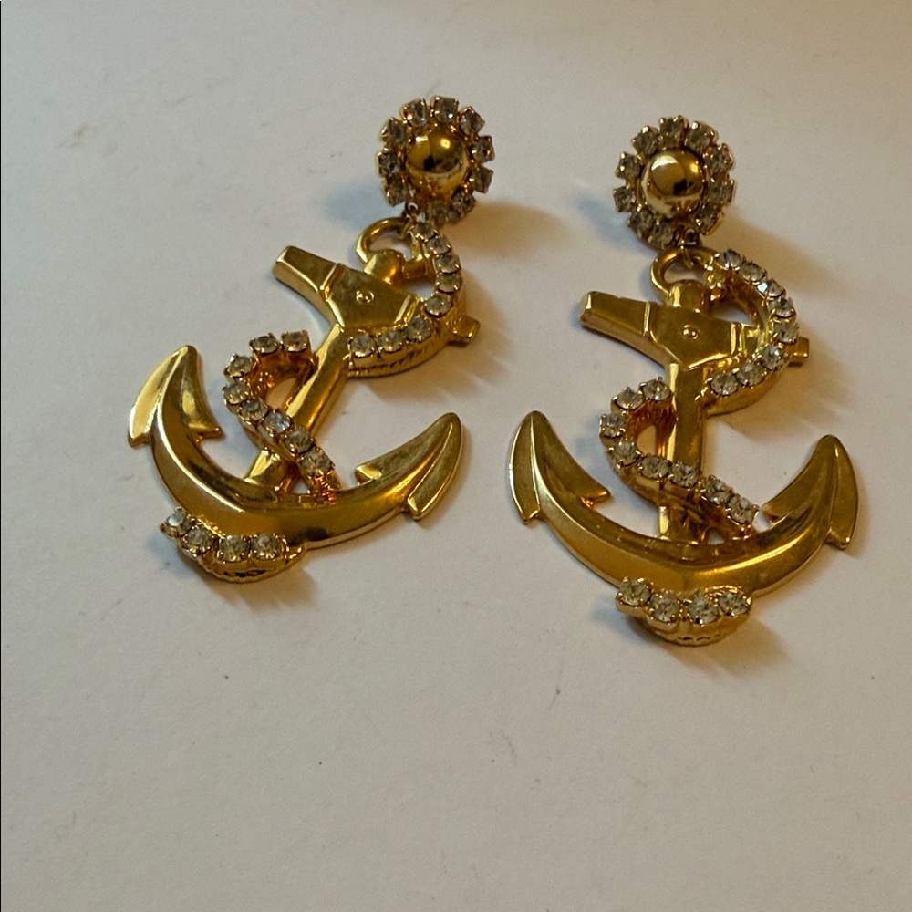 Runway Style Huge Gold-Tone With Rhinestones Dangle Pierced Earrings